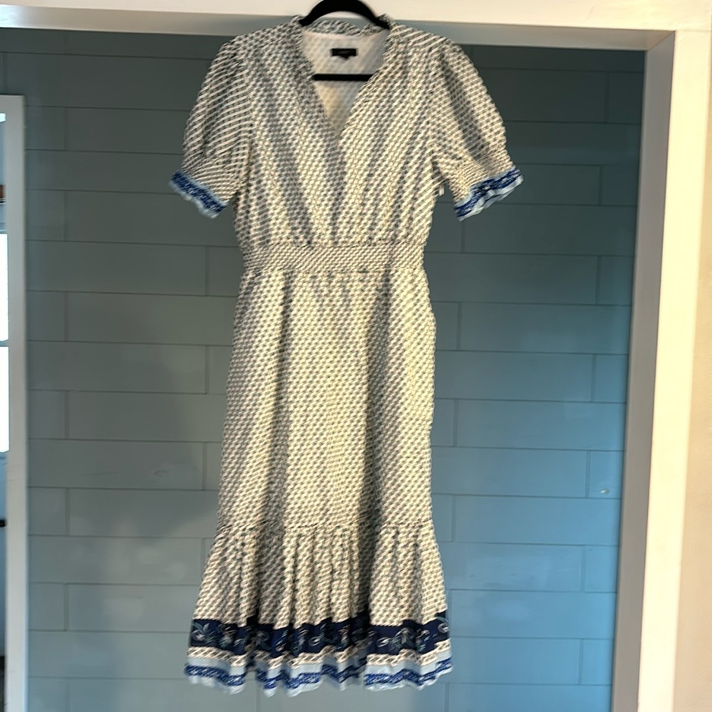 J. Crew White Midi Dress with Blue Border Print